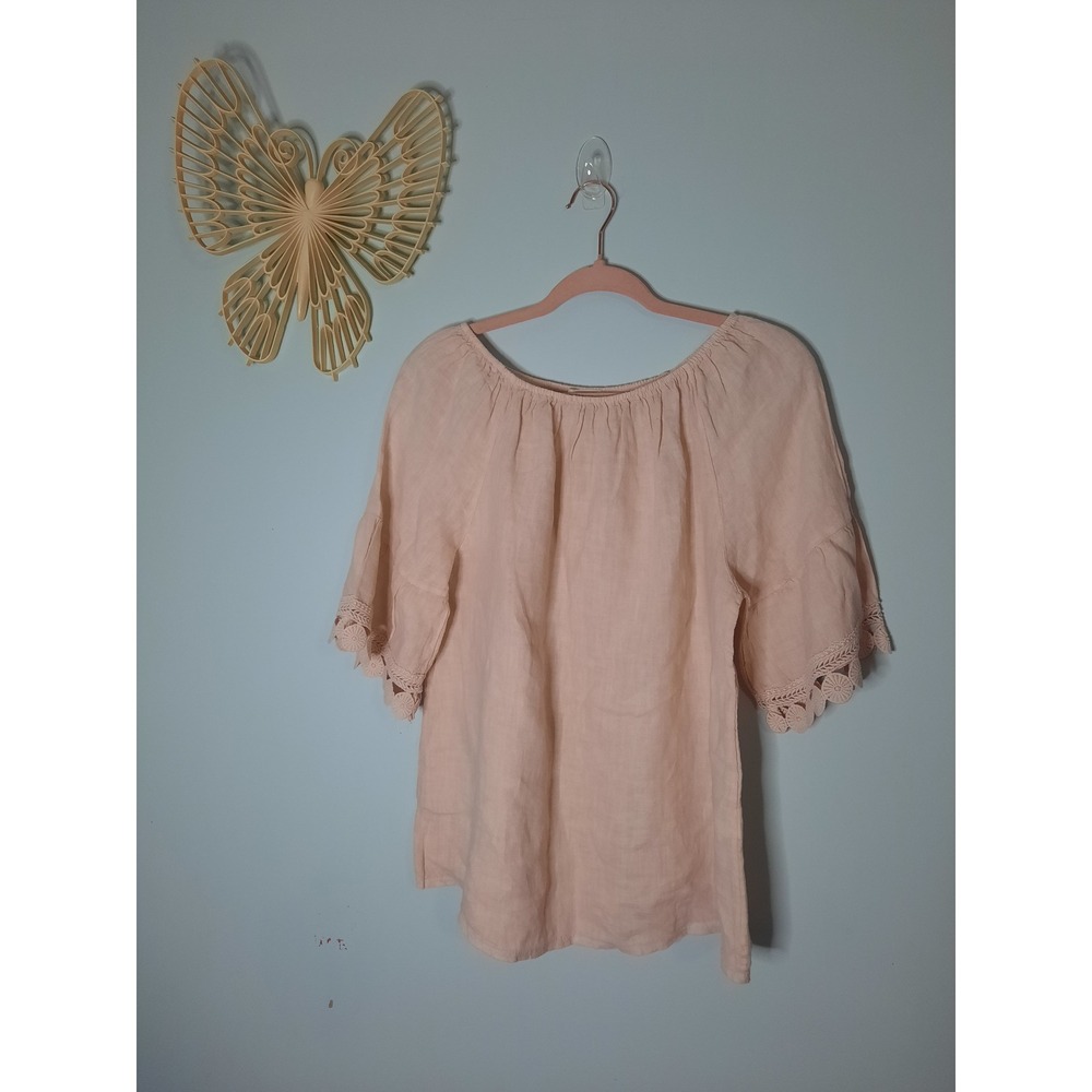 Terzo Millennio Pink Linen Crochet Lace Bell Sleeve Blouse Made in Italy Size M